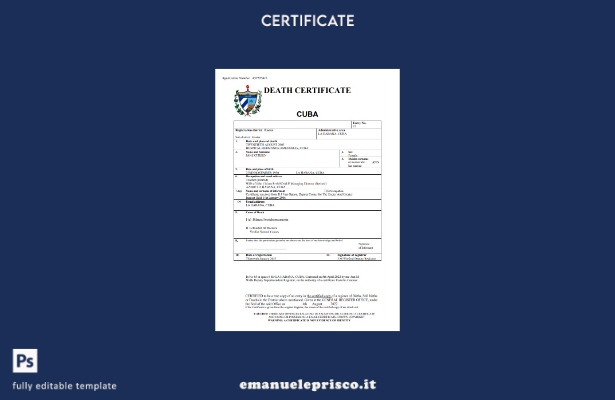 certificato di morte di Cuba in stile verificato modello Word e PDF
